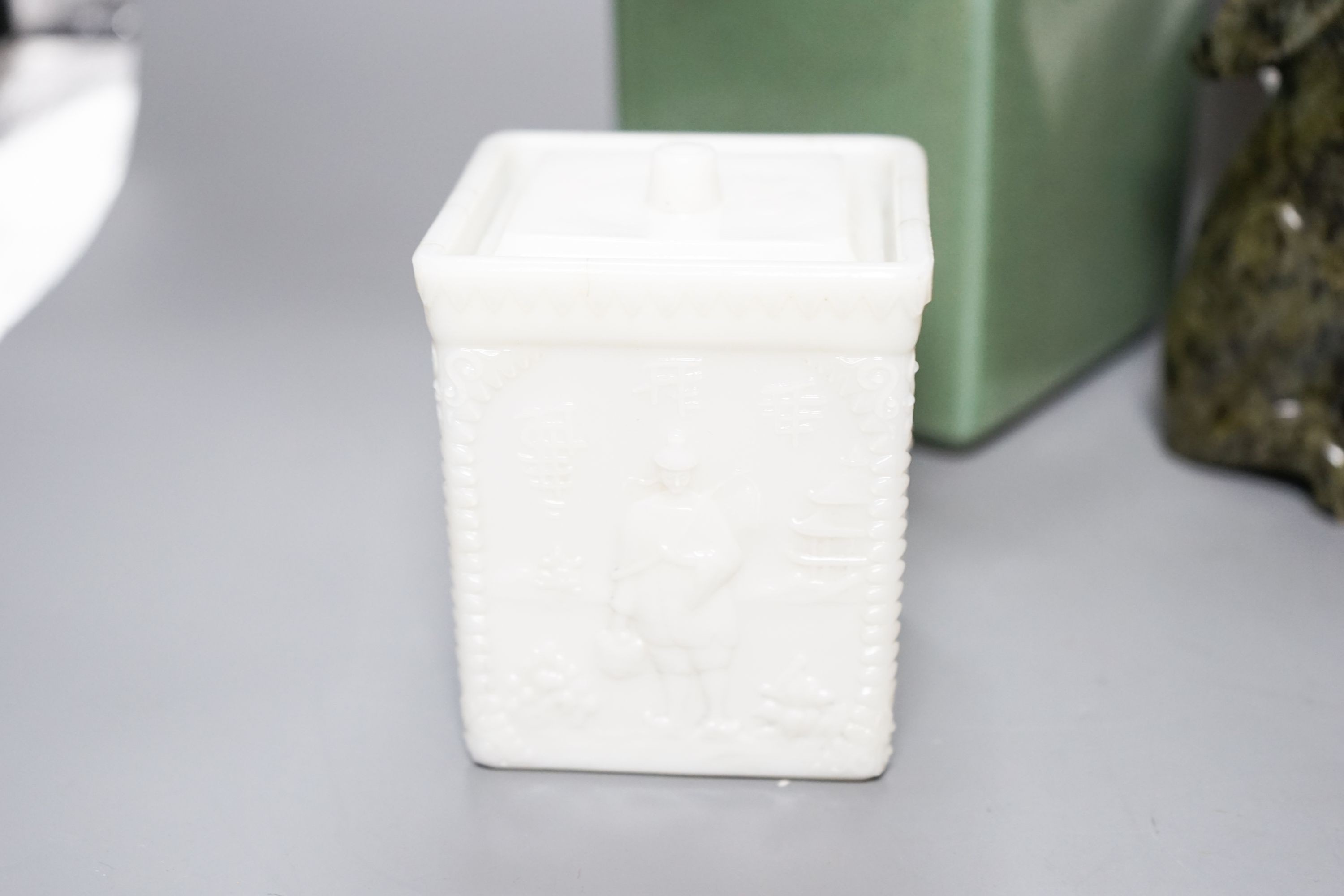 A Suprematist style porcelain plate, 24cm, a powder blue trinket box, two jars and covers and a hardstone figure of a rabbit